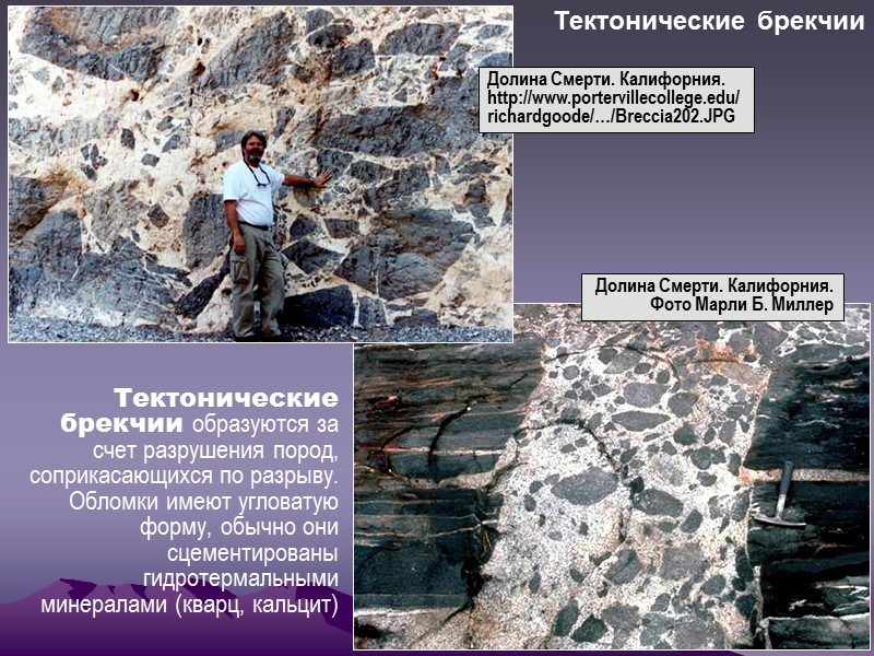 Тектонические брекчии Долина Смерти. Калифорния. http://www.portervillecollege.edu/ richardgoode/…/Breccia202.JPG Долина Смерти. Калифорния. Фото Марли Б. Миллер Тектонические брекчии Долина Смерти. Калифорния. http://www.portervillecollege.edu/ richardgoode/…/Breccia202.JPG Долина Смерти. Калифорния. Фото Марли Б. Миллер